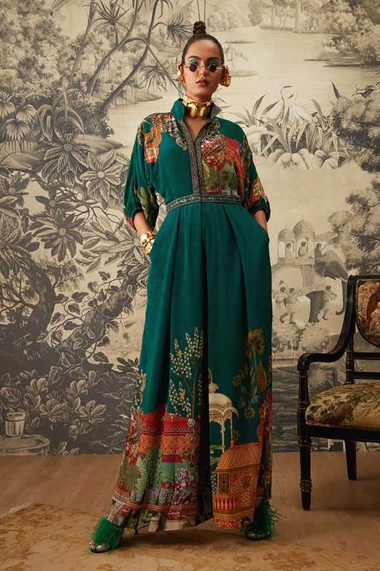 Green hand printed designer jumpsuit