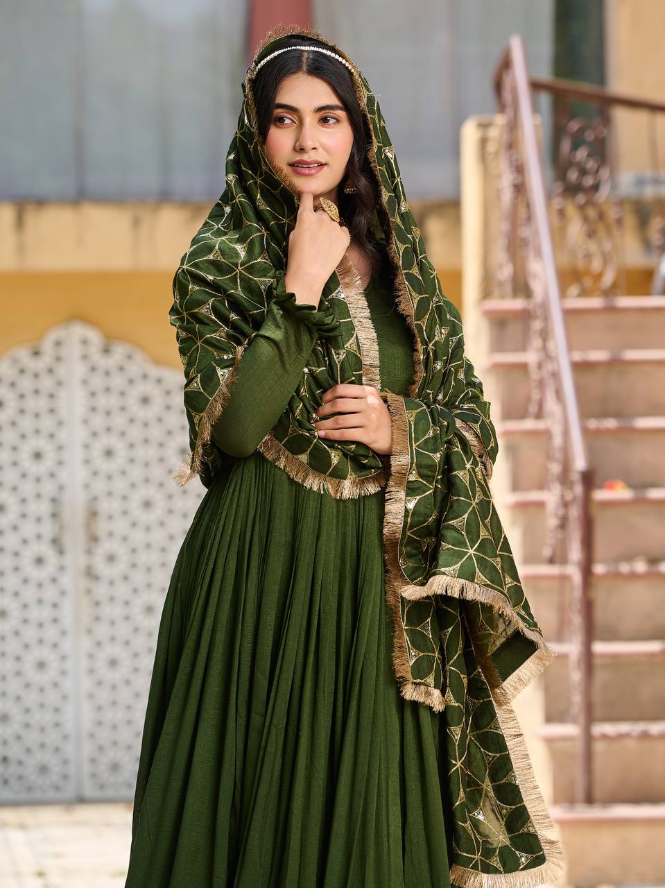 Festive Green Flared Anarkali Gown with Zari Embroidery"