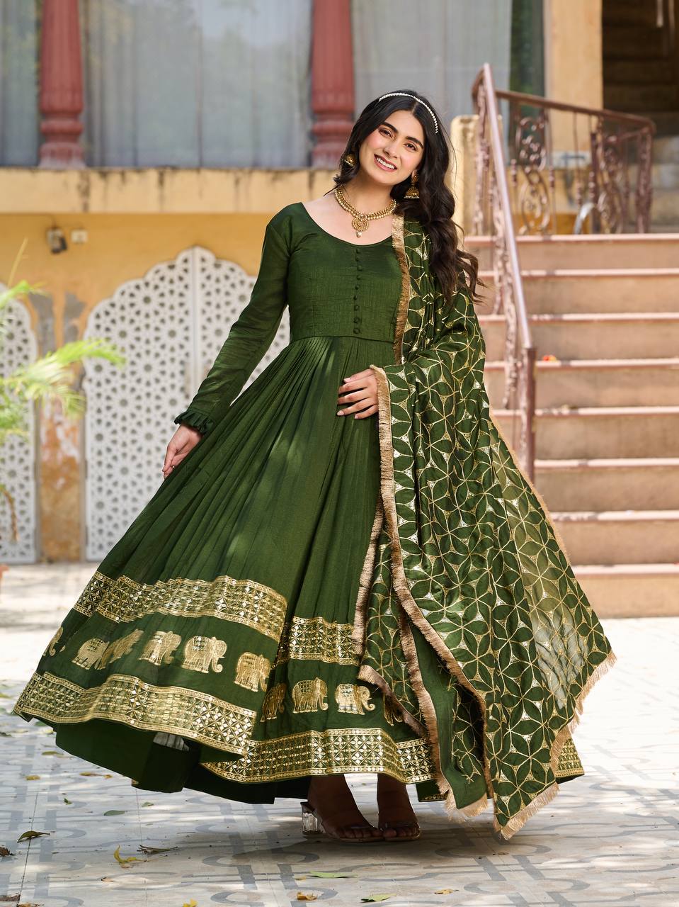 Festive Green Flared Anarkali Gown with Zari Embroidery"