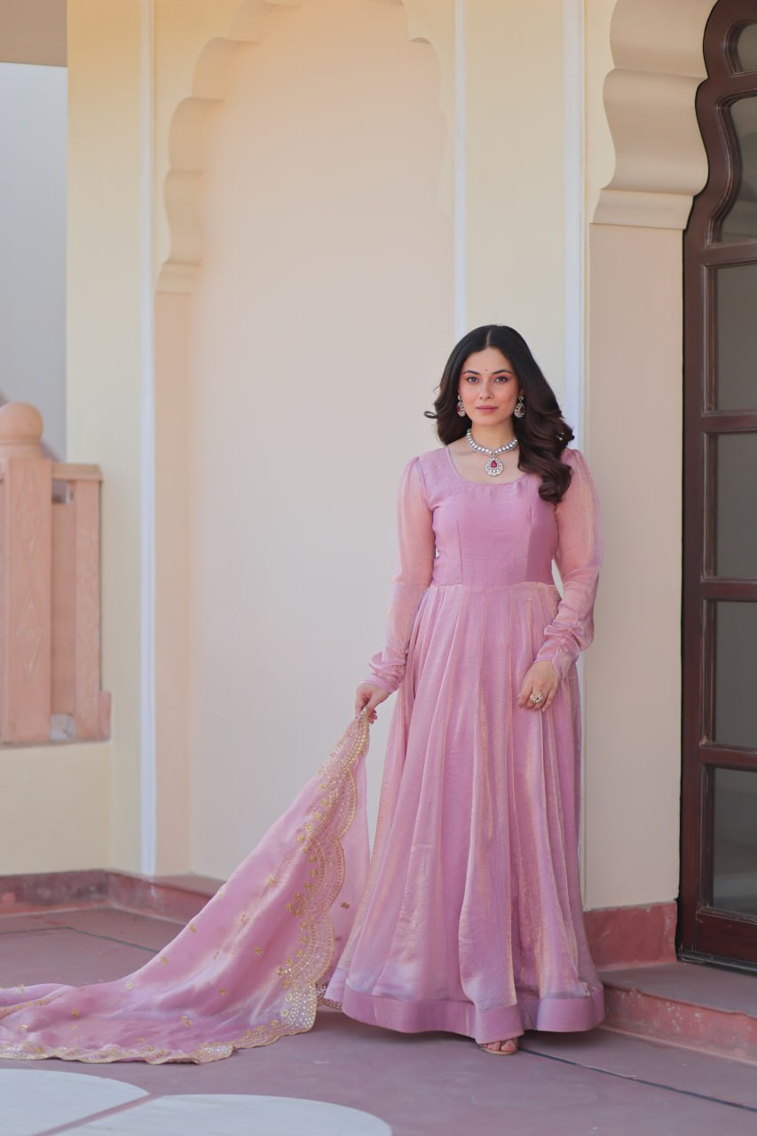 Fendy Chiffon gown with Sequins-Multi Embroidered Work Dupatta,