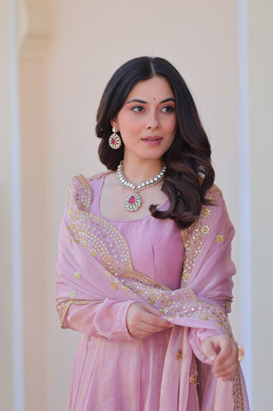 Fendy Chiffon gown with Sequins-Multi Embroidered Work Dupatta,