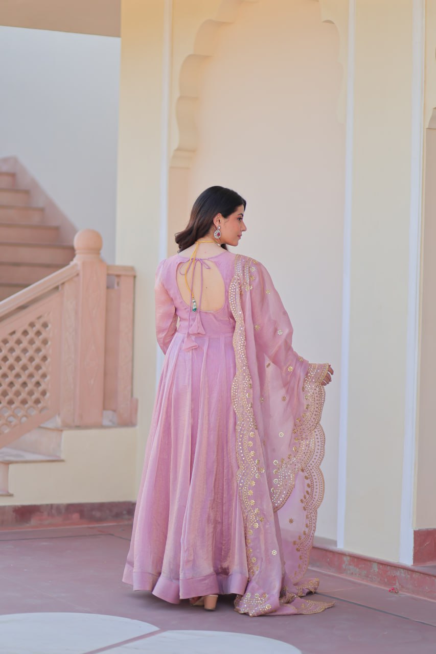 Fendy Chiffon gown with Sequins-Multi Embroidered Work Dupatta,