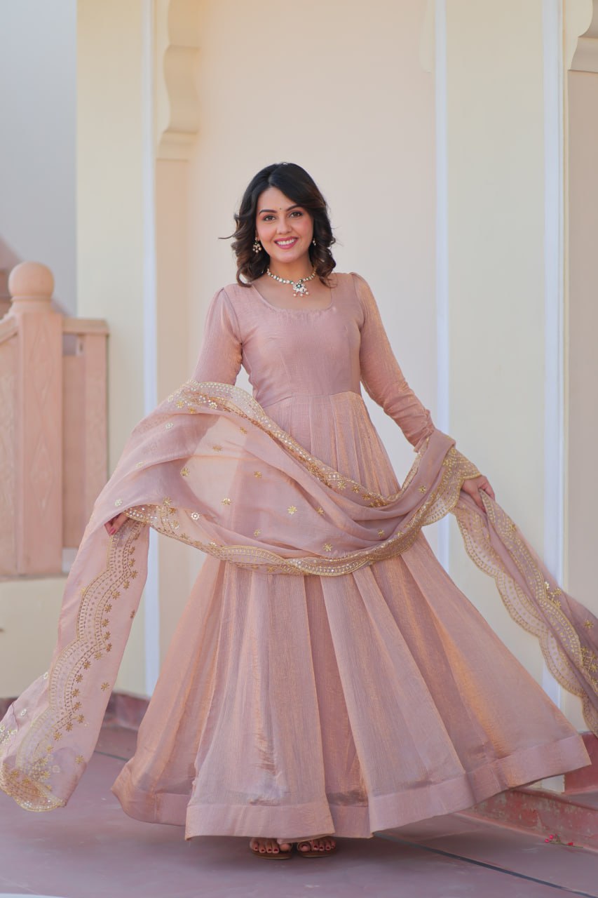 Fendy Chiffon gown with Sequins-Multi Embroidered Work Dupatta