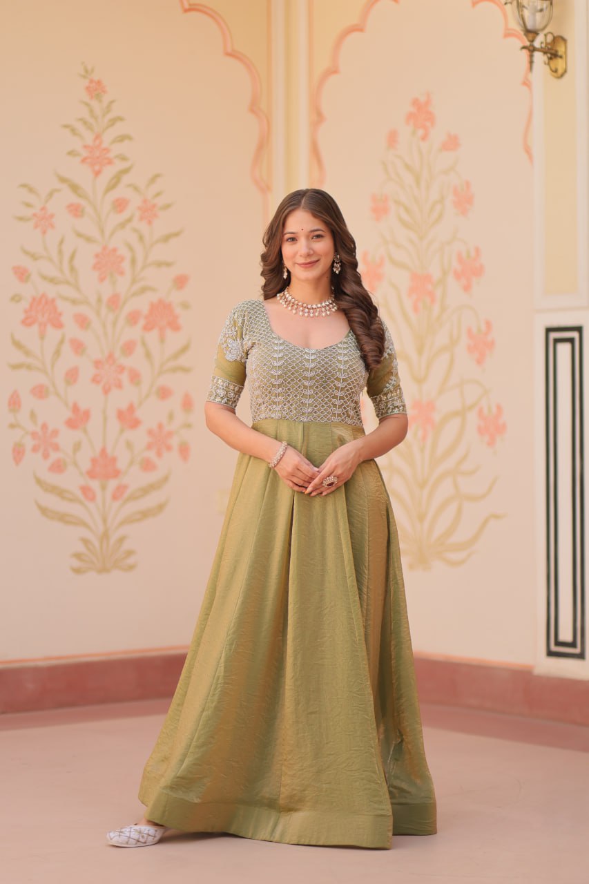 Sage Green Embroidered Anarkali Gown with Silver Threadwork Bodice