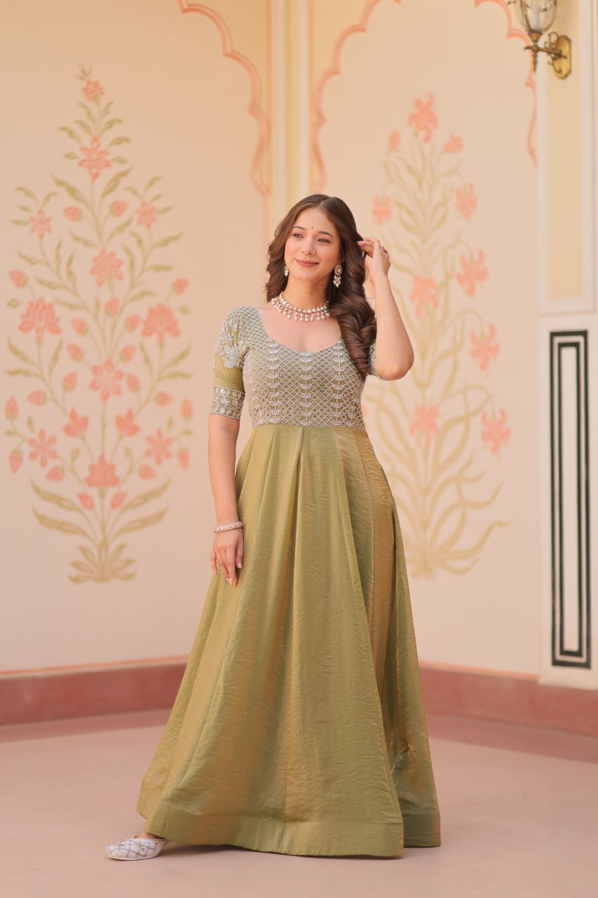 Sage Green Embroidered Anarkali Gown with Silver Threadwork Bodice
