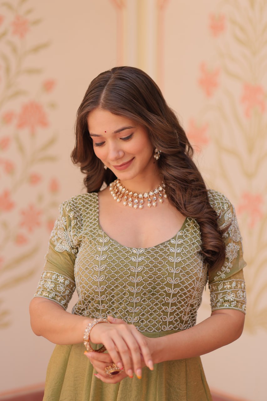 Sage Green Embroidered Anarkali Gown with Silver Threadwork Bodice