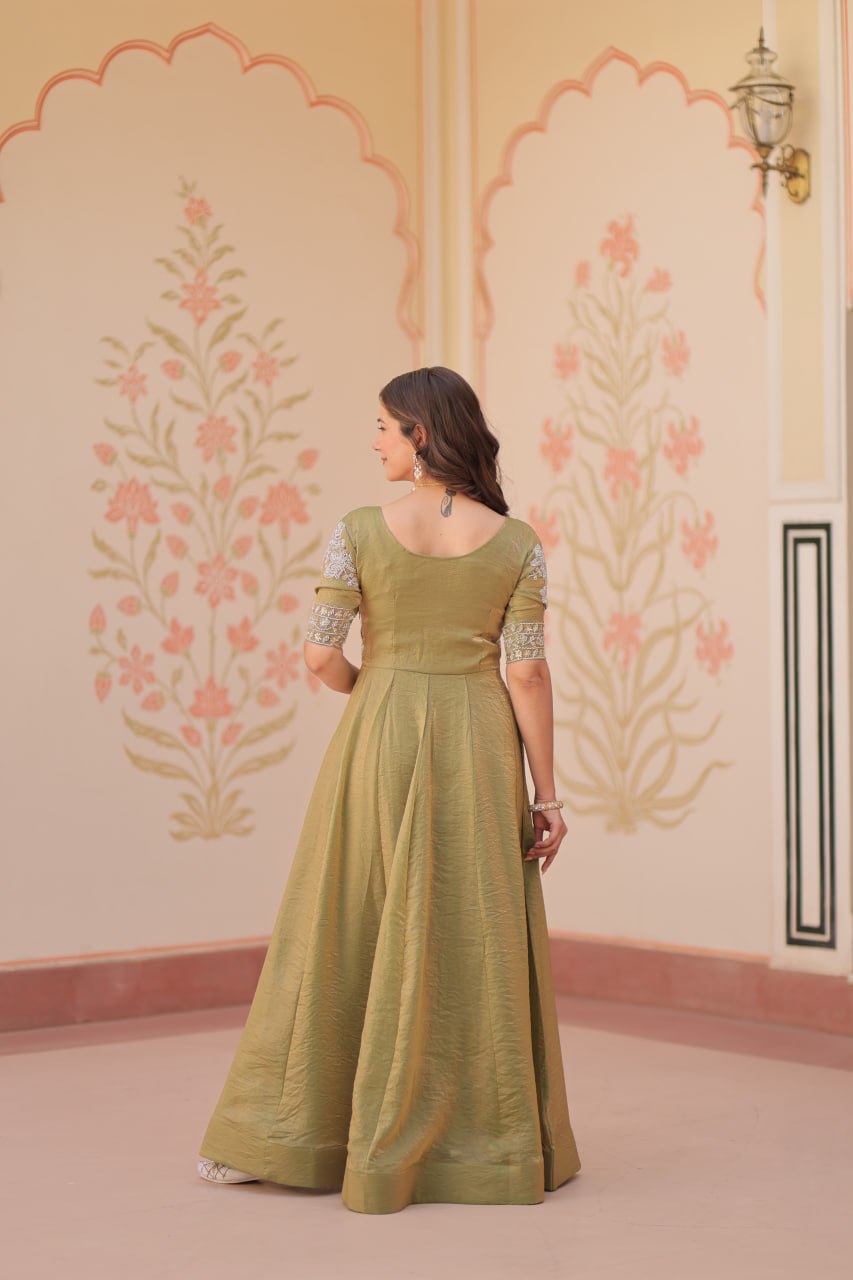 Sage Green Embroidered Anarkali Gown with Silver Threadwork Bodice