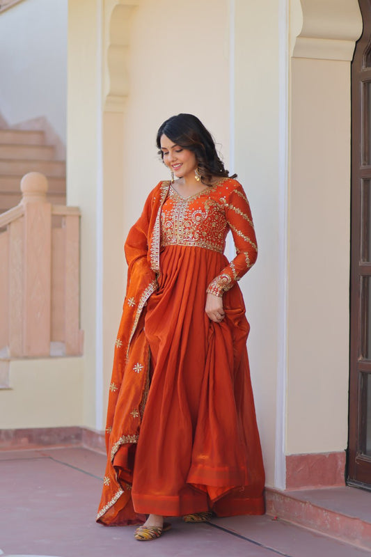 Saffron Orange Embroidered Anarkali Set with Mirror Work Dupatta