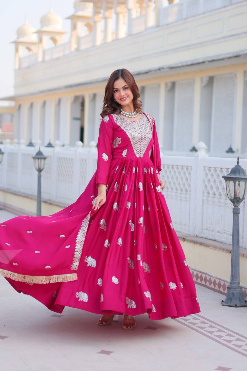Royal Pink Mirror Work Anarkali Gown with Silver Elephant Motifs