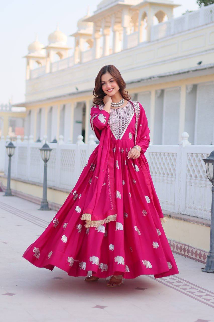 Royal Pink Mirror Work Anarkali Gown with Silver Elephant Motifs