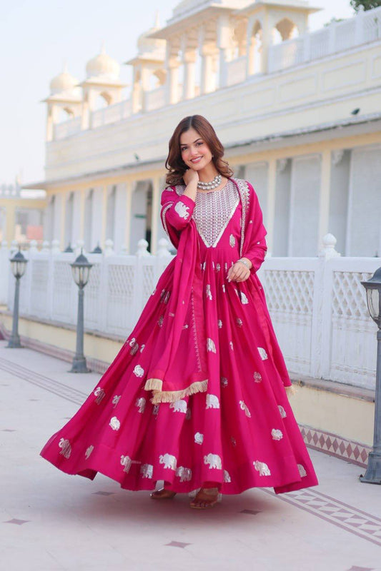 Royal Pink Mirror Work Anarkali Gown with Silver Elephant Motifs