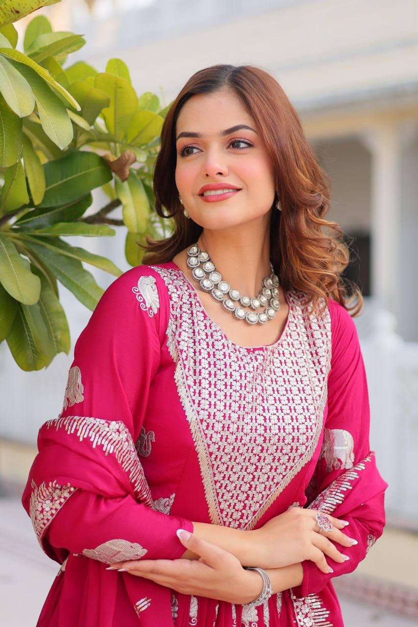 Royal Pink Mirror Work Anarkali Gown with Silver Elephant Motifs
