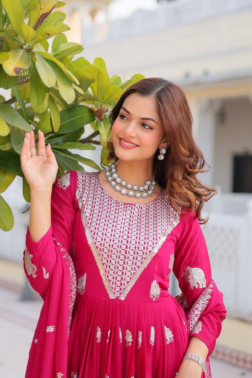 Royal Pink Mirror Work Anarkali Gown with Silver Elephant Motifs