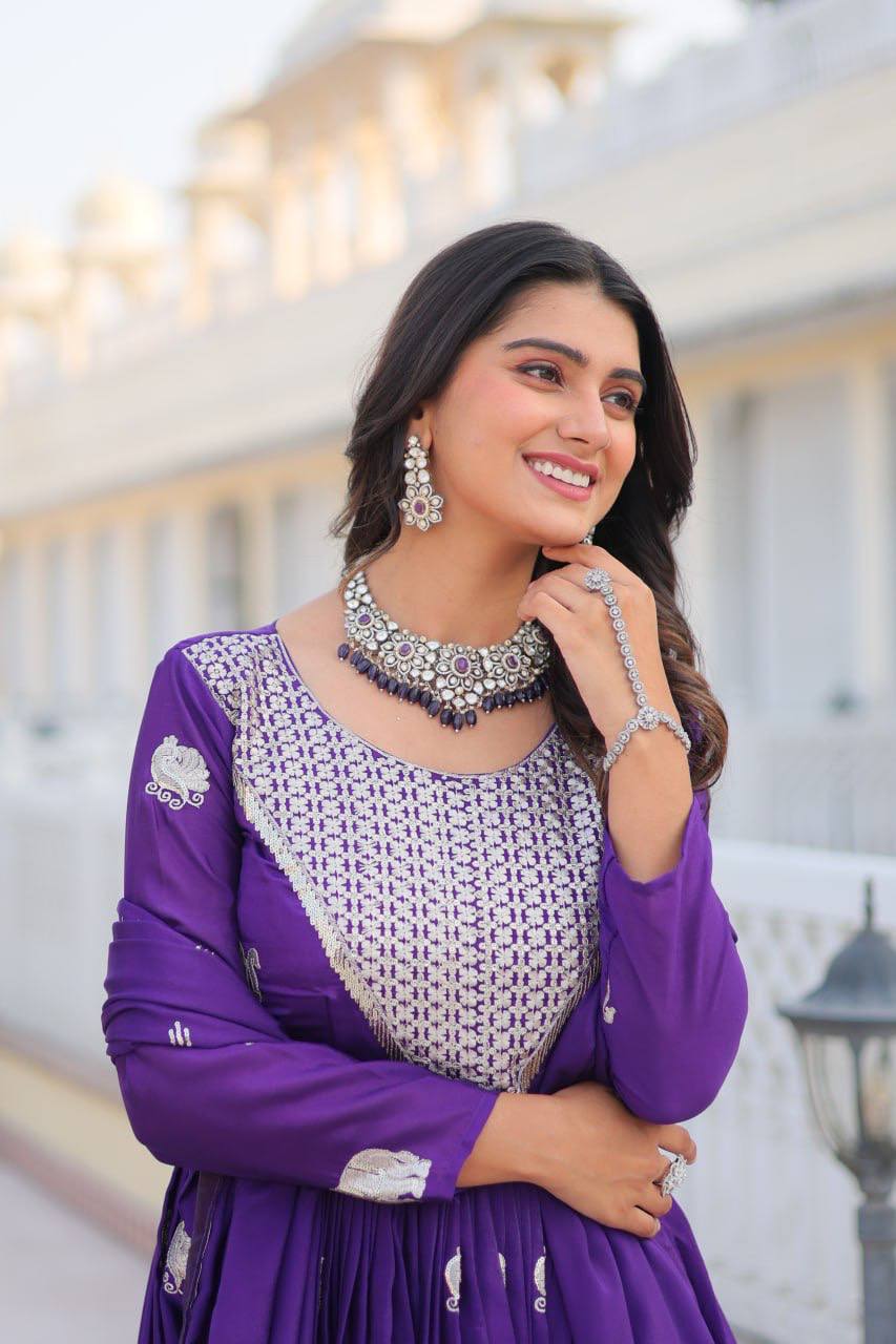 Royal Purple Mirror Work Anarkali Gown with Silver Elephant Motifs