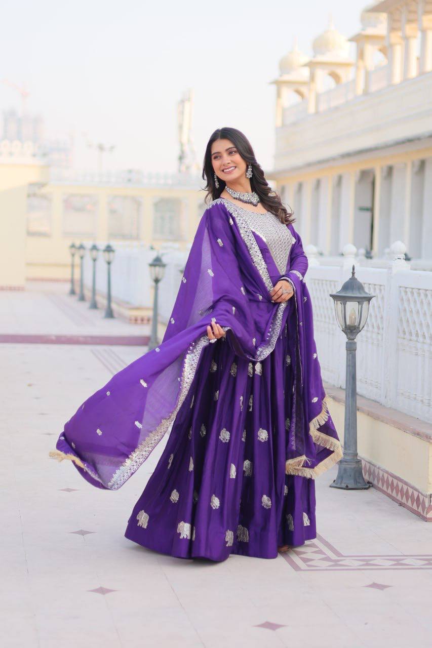 Royal Purple Mirror Work Anarkali Gown with Silver Elephant Motifs