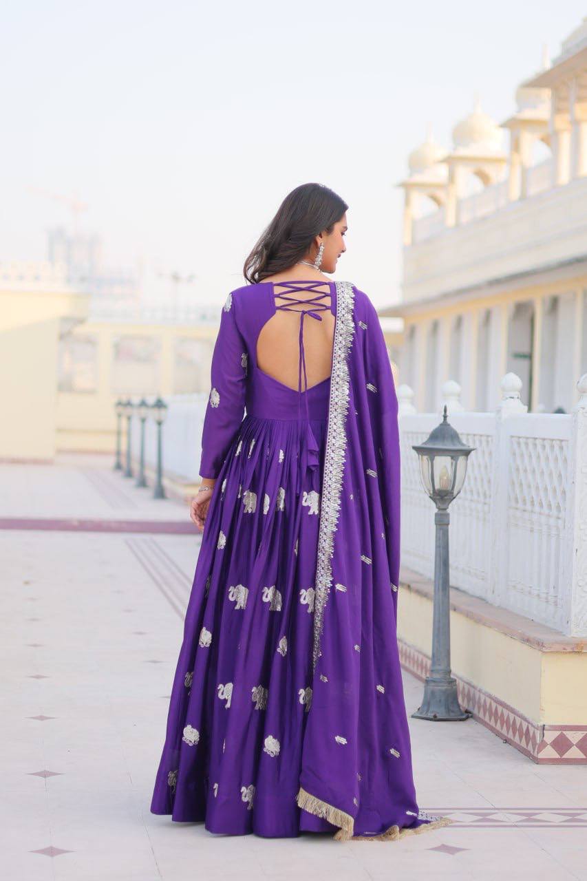 Royal Purple Mirror Work Anarkali Gown with Silver Elephant Motifs