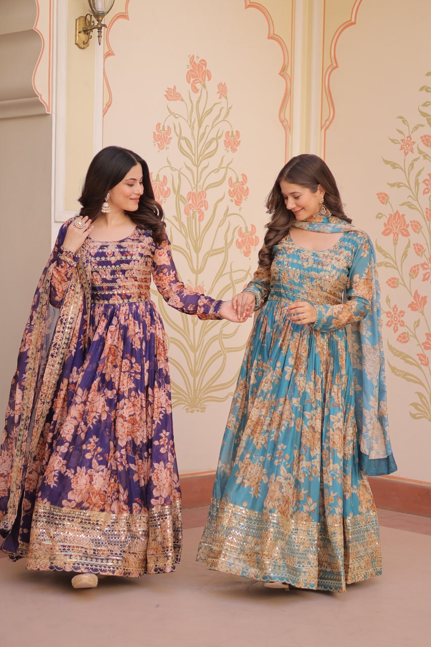 Teal Blue Floral Anarkali with Mirror Work and Zari Border