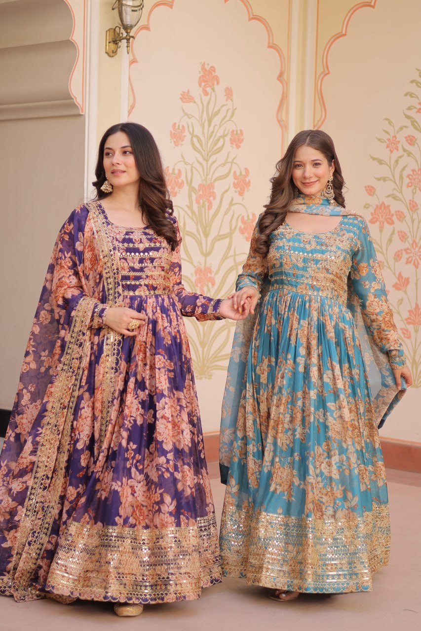 Purple Floral Anarkali with Mirror Work and Zari Border