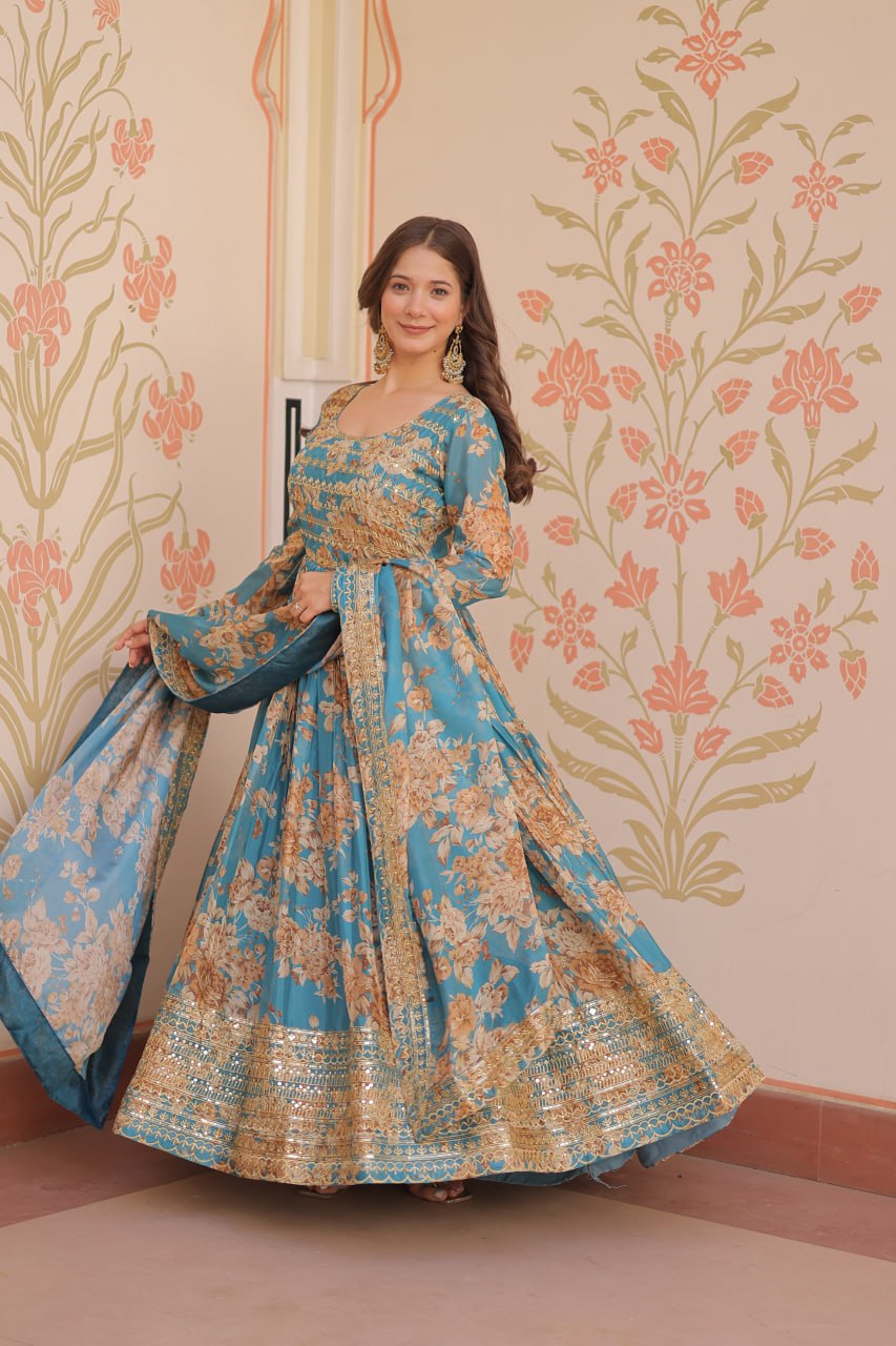Teal Blue Floral Anarkali with Mirror Work and Zari Border