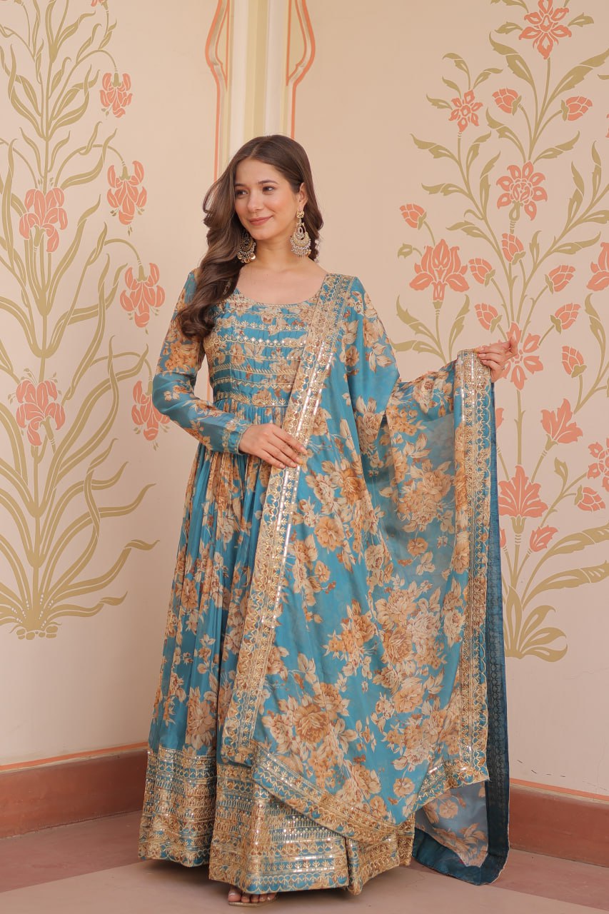 Teal Blue Floral Anarkali with Mirror Work and Zari Border