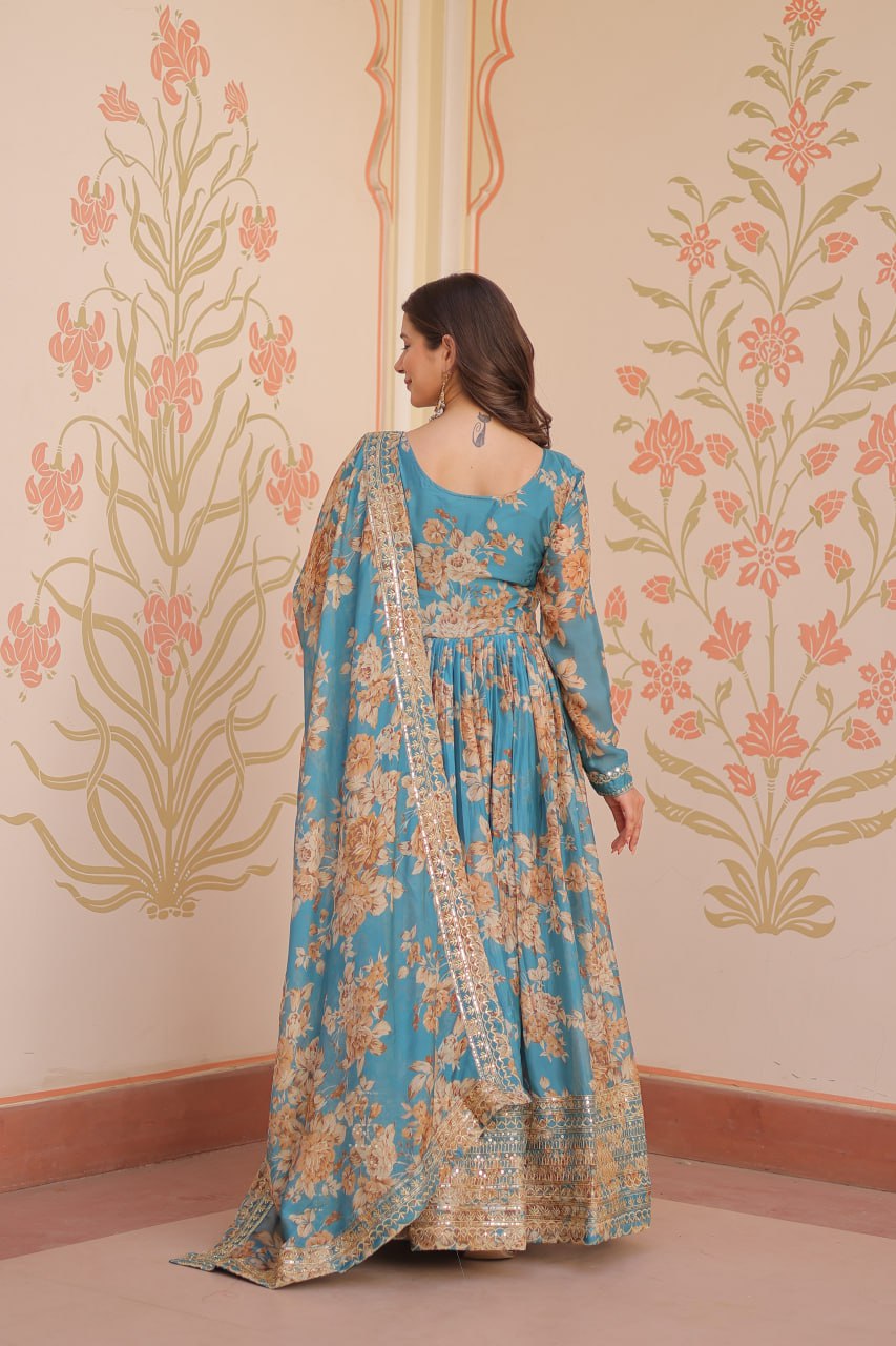 Teal Blue Floral Anarkali with Mirror Work and Zari Border