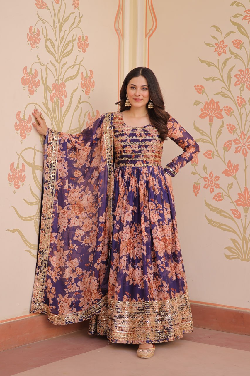 Purple Floral Anarkali with Mirror Work and Zari Border
