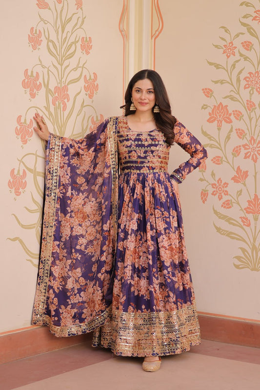 Purple Floral Anarkali with Mirror Work and Zari Border