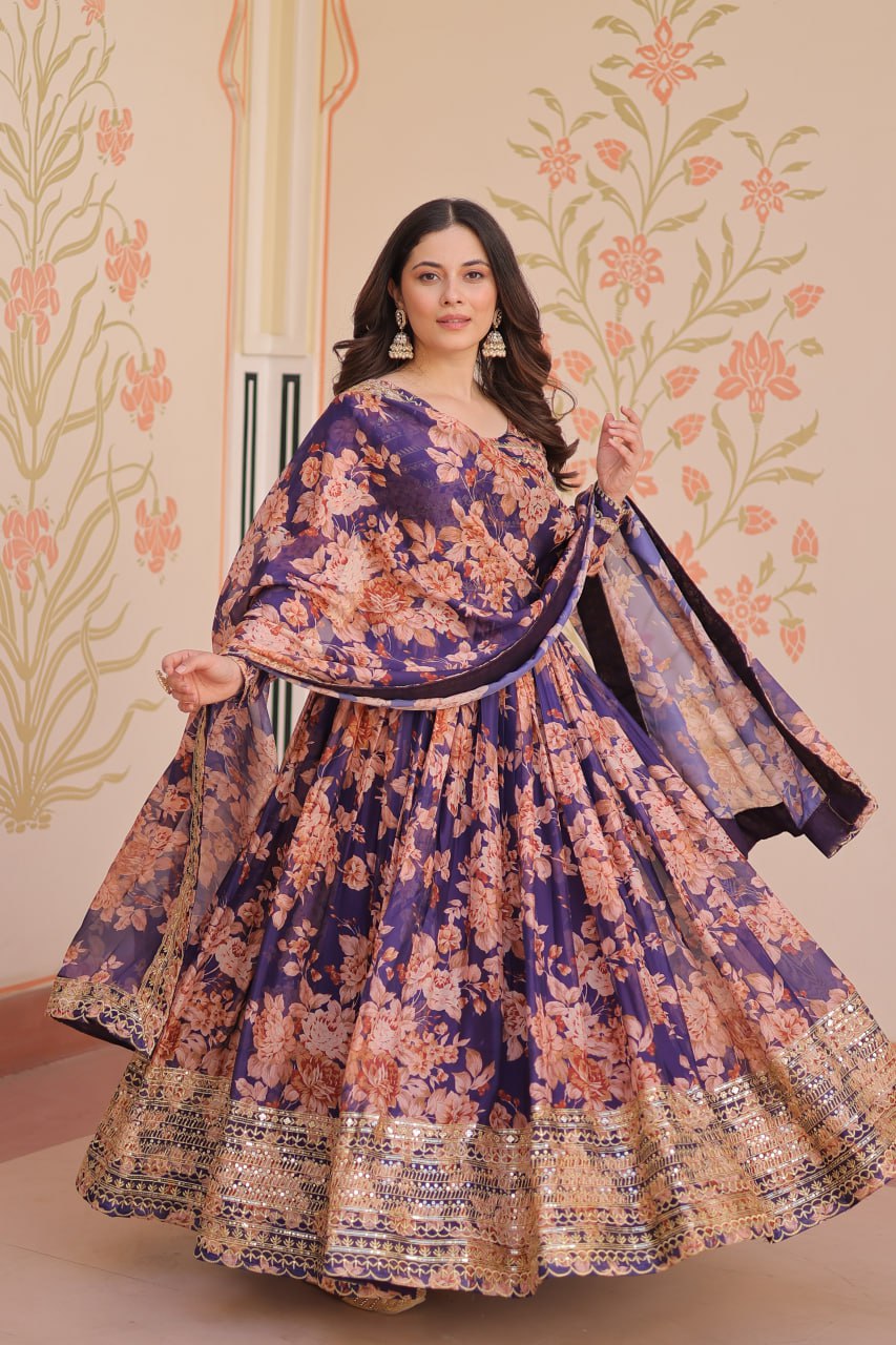 Purple Floral Anarkali with Mirror Work and Zari Border