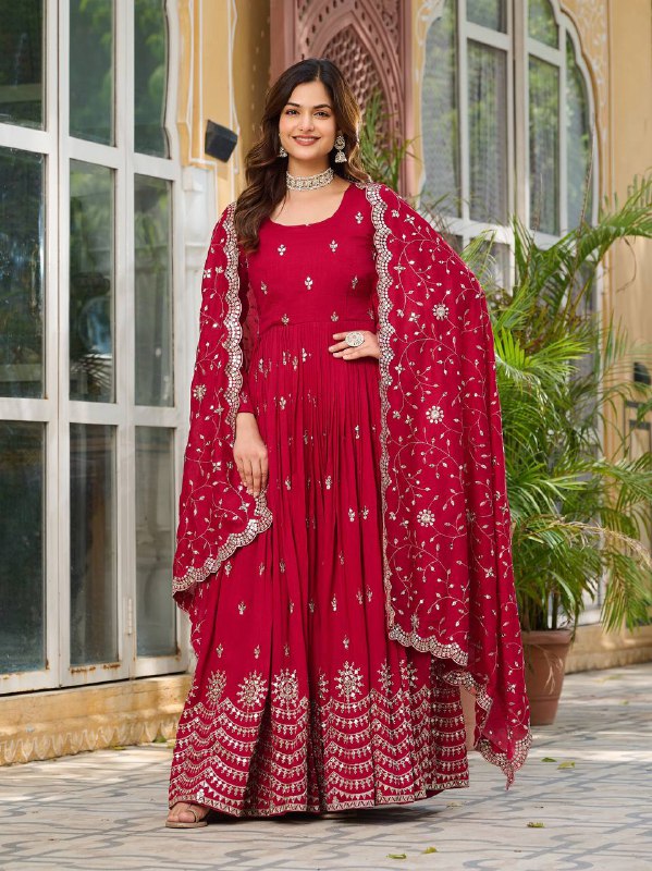 "Festive Red Flared Anarkali Gown with Zari Embroidery"