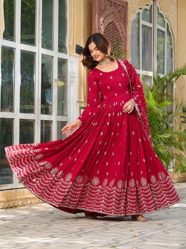 "Festive Red Flared Anarkali Gown with Zari Embroidery"