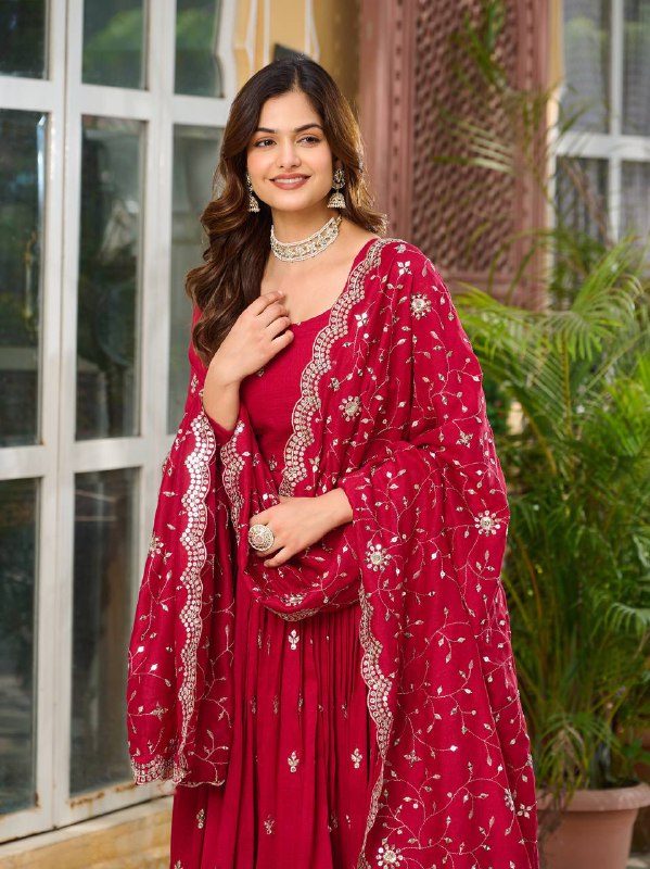 "Festive Red Flared Anarkali Gown with Zari Embroidery"
