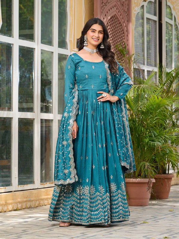 "Festive Teal Flared Anarkali Gown with Zari Embroidery"