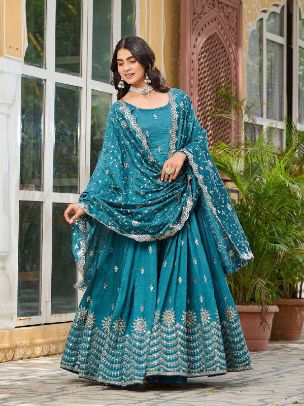 "Festive Teal Flared Anarkali Gown with Zari Embroidery"