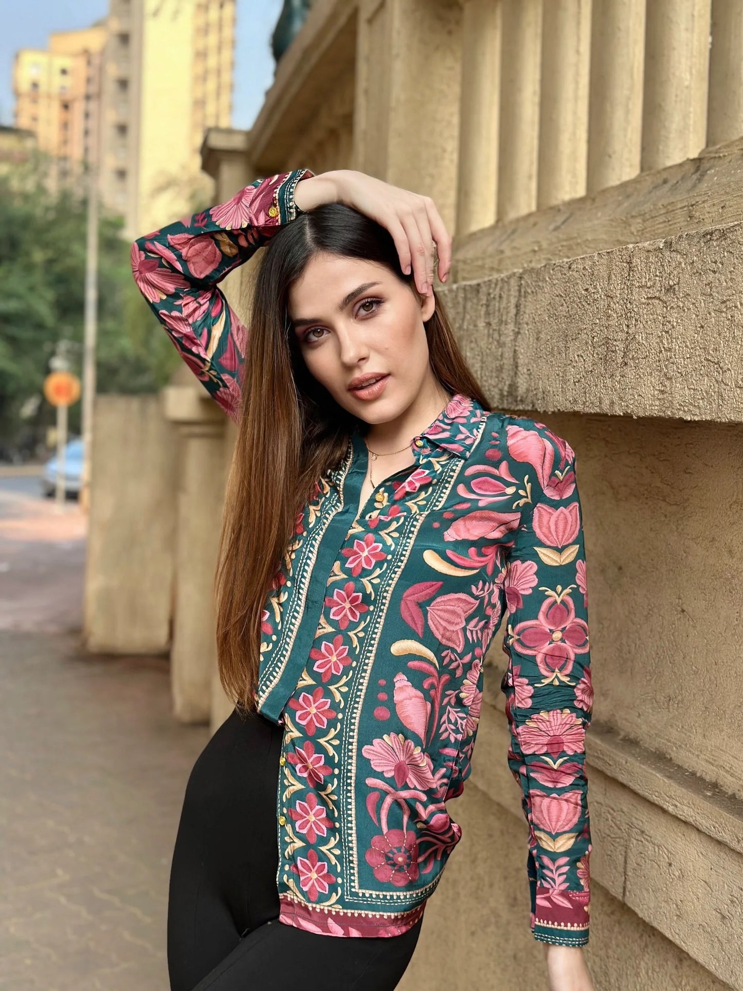 Bold Floral Print Sheer Shirt for Women
