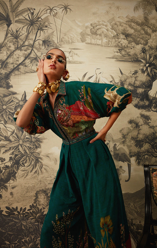 Green hand printed designer jumpsuit