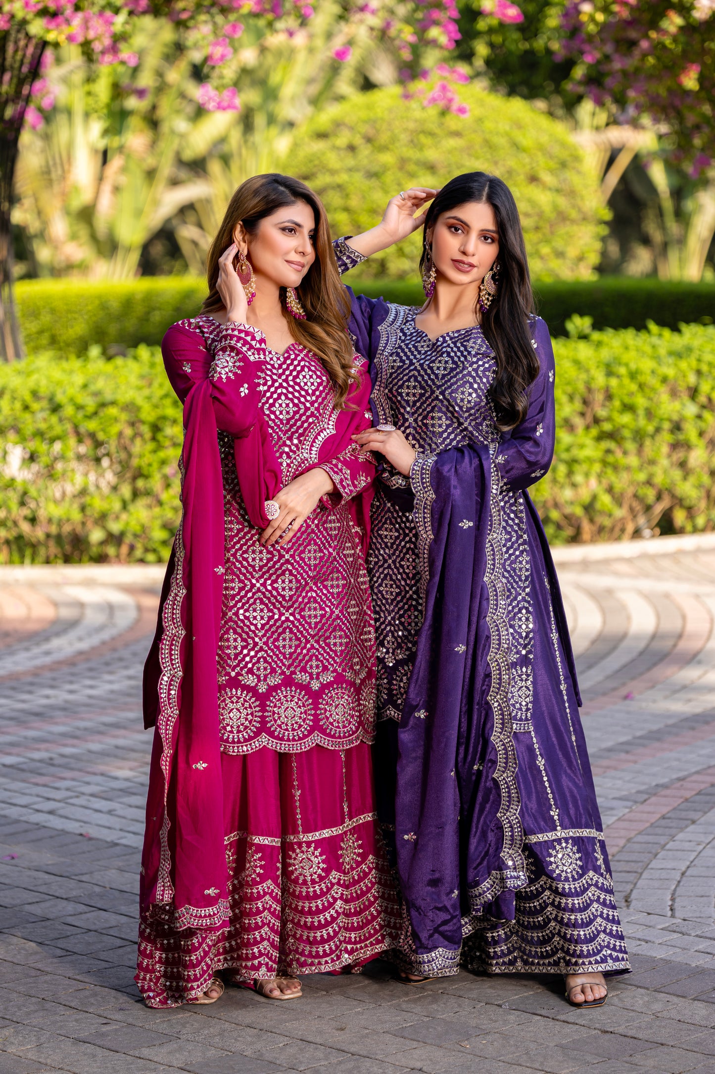 Fuchsia Pink Mirror Work Sharara Suit with Embellished Dupatta