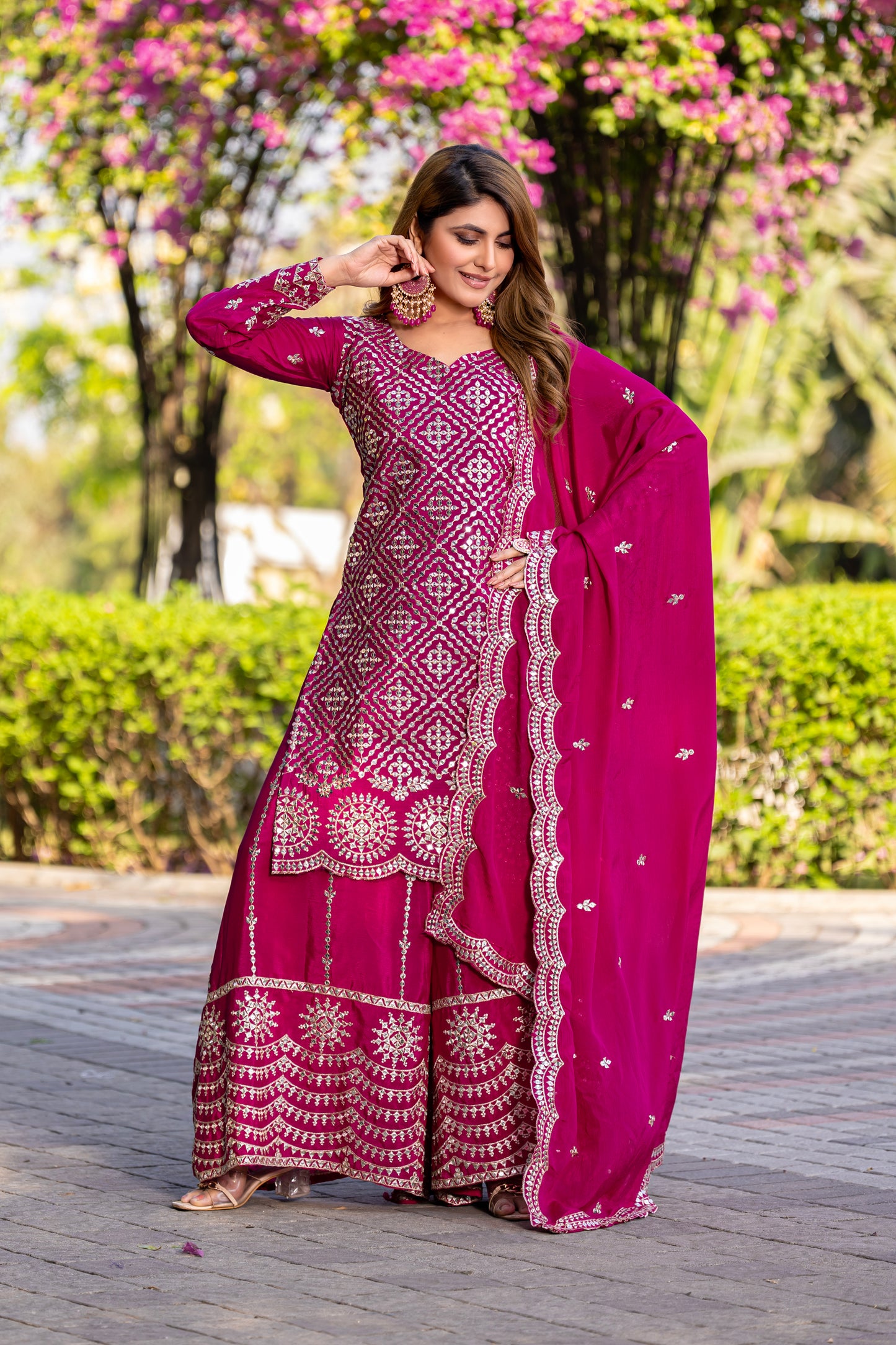 Fuchsia Pink Mirror Work Sharara Suit with Embellished Dupatta