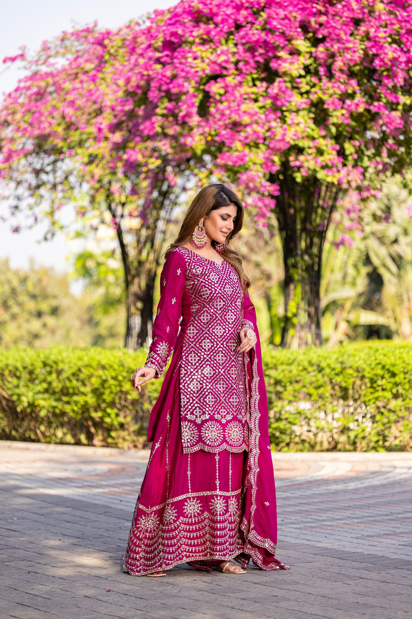 Fuchsia Pink Mirror Work Sharara Suit with Embellished Dupatta
