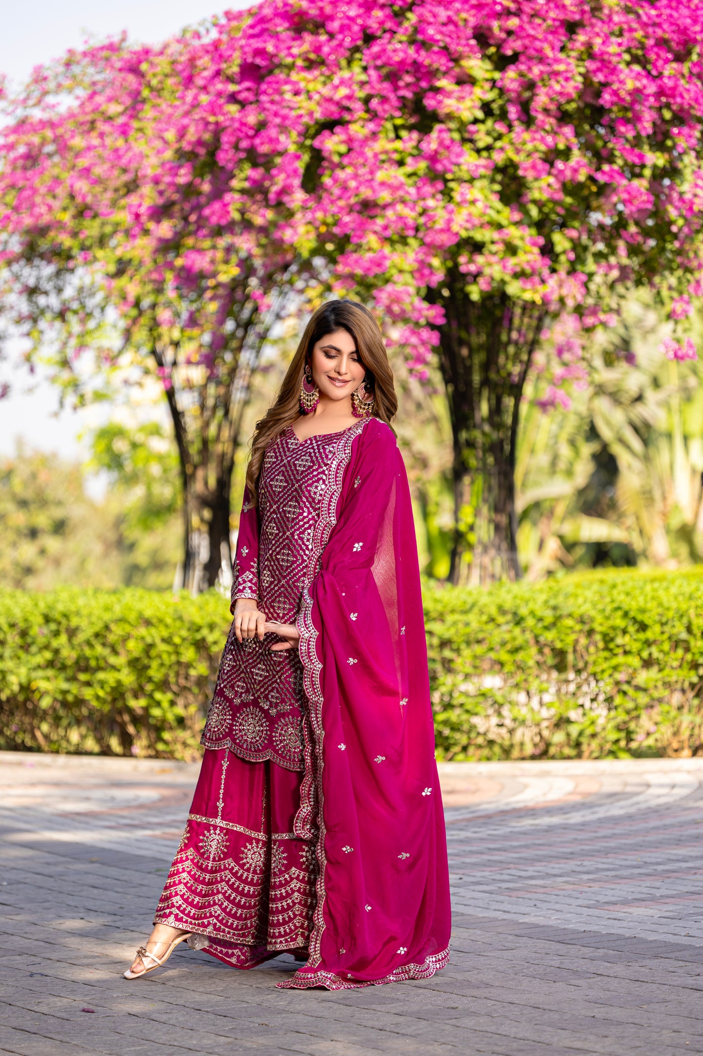Fuchsia Pink Mirror Work Sharara Suit with Embellished Dupatta