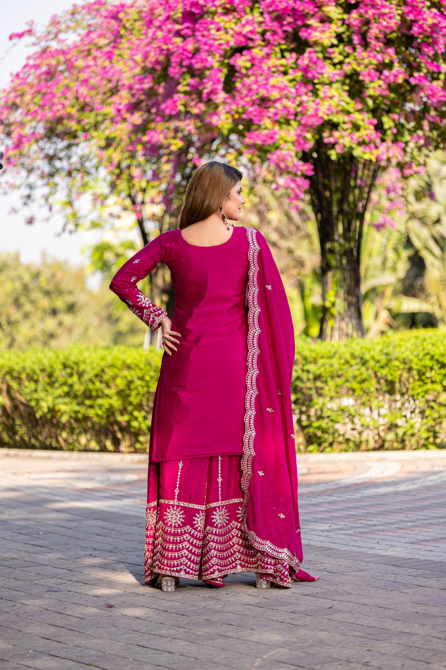 Fuchsia Pink Mirror Work Sharara Suit with Embellished Dupatta
