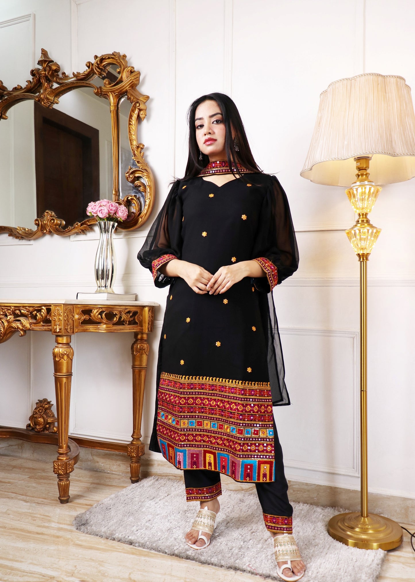 WOMEN BLACK COLOUR HANDWORK KURTA SETS