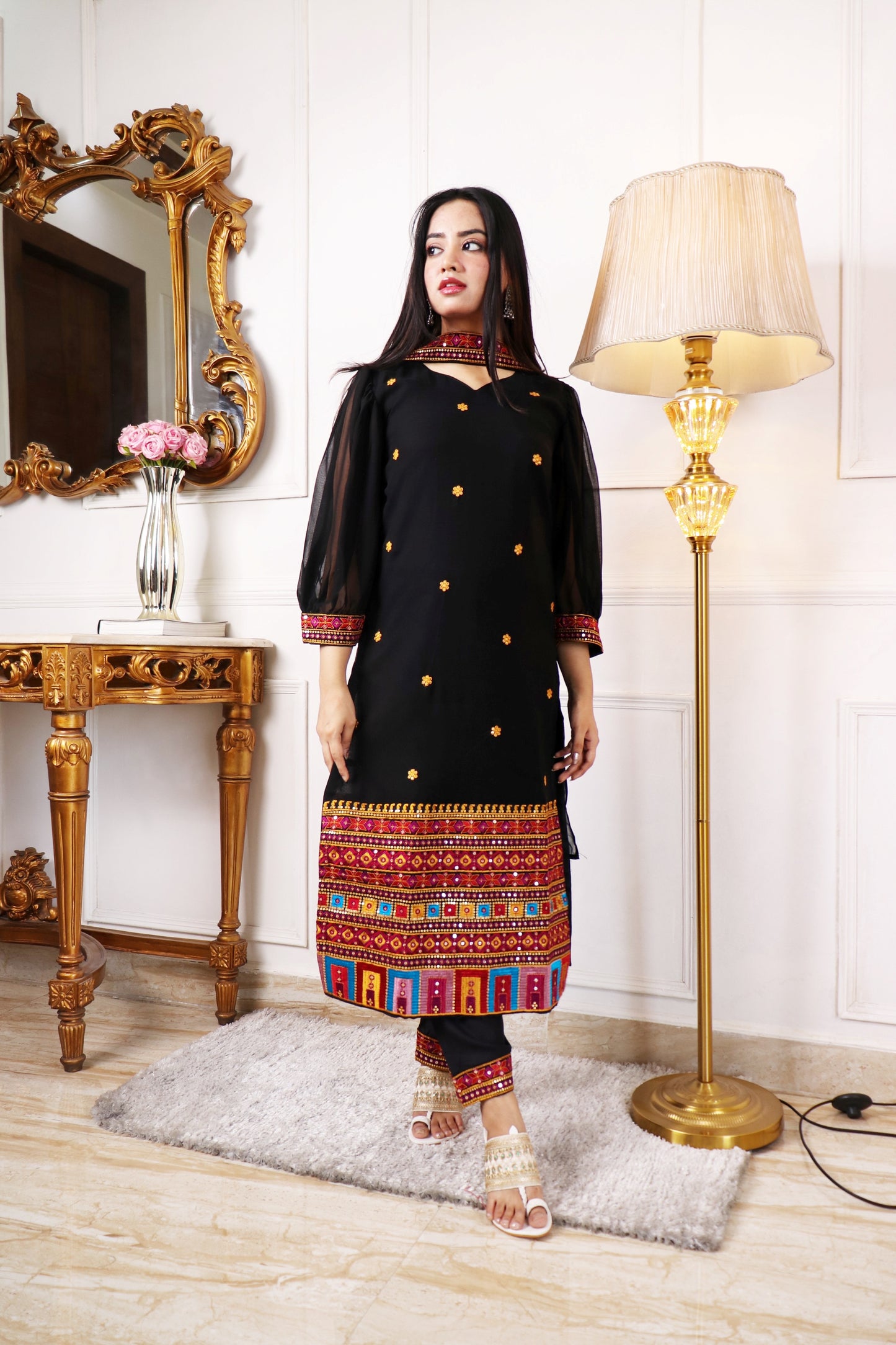 WOMEN BLACK COLOUR HANDWORK KURTA SETS