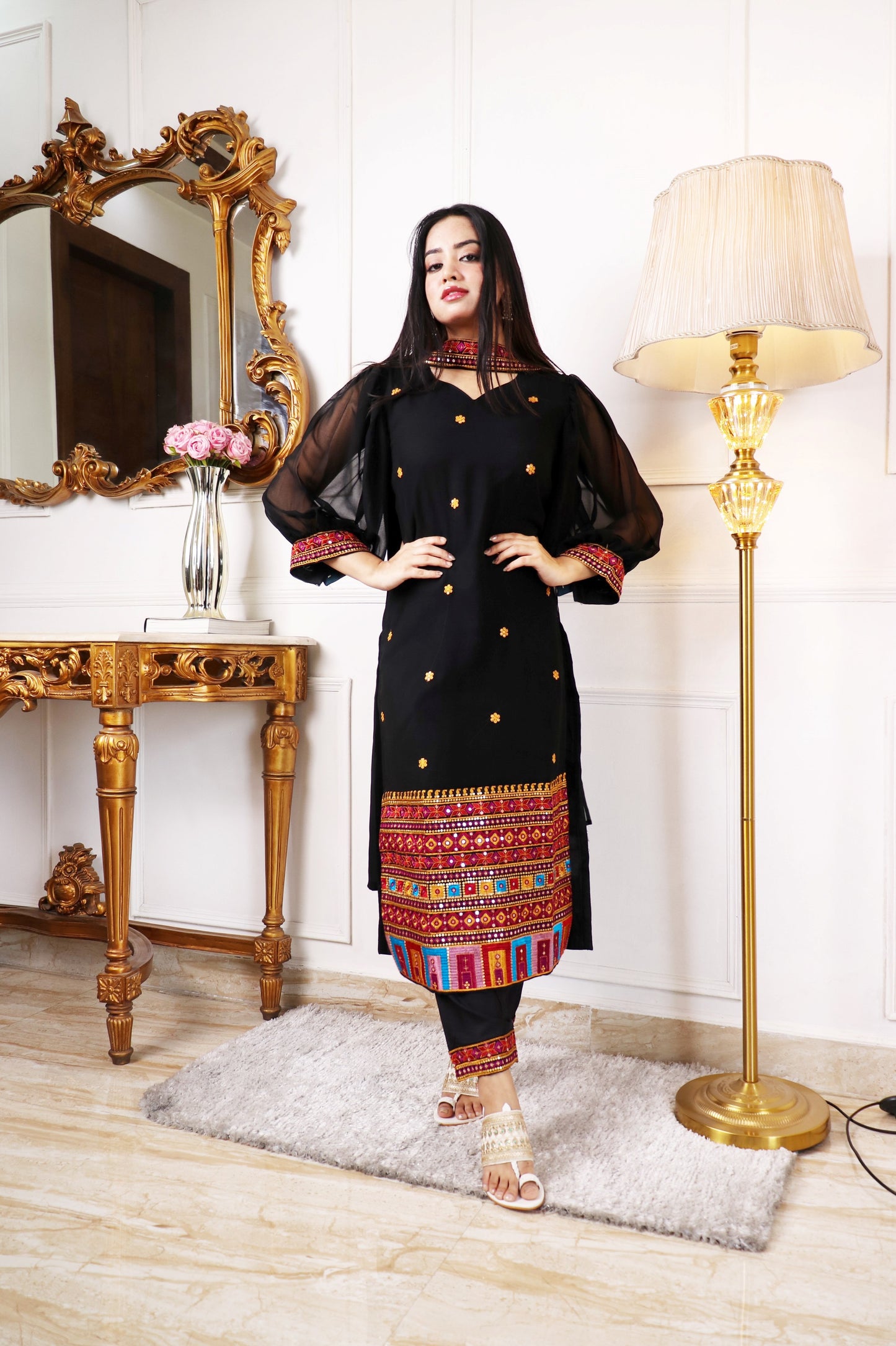 WOMEN BLACK COLOUR HANDWORK KURTA SETS
