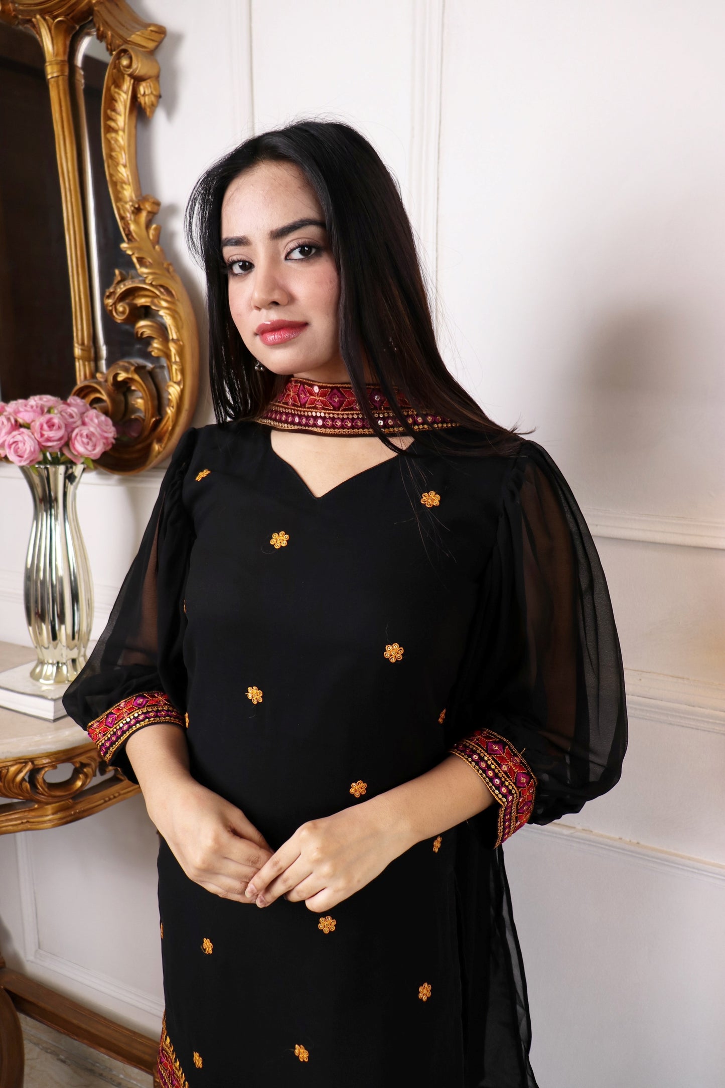 WOMEN BLACK COLOUR HANDWORK KURTA SETS