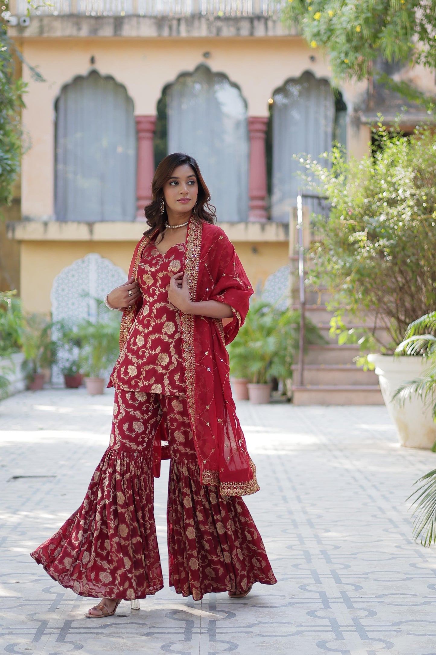 Rose Gold Red Sharara Set