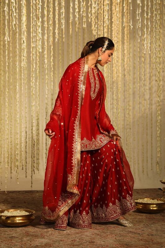 Deep Red Kurta With Sharara And Dupatta