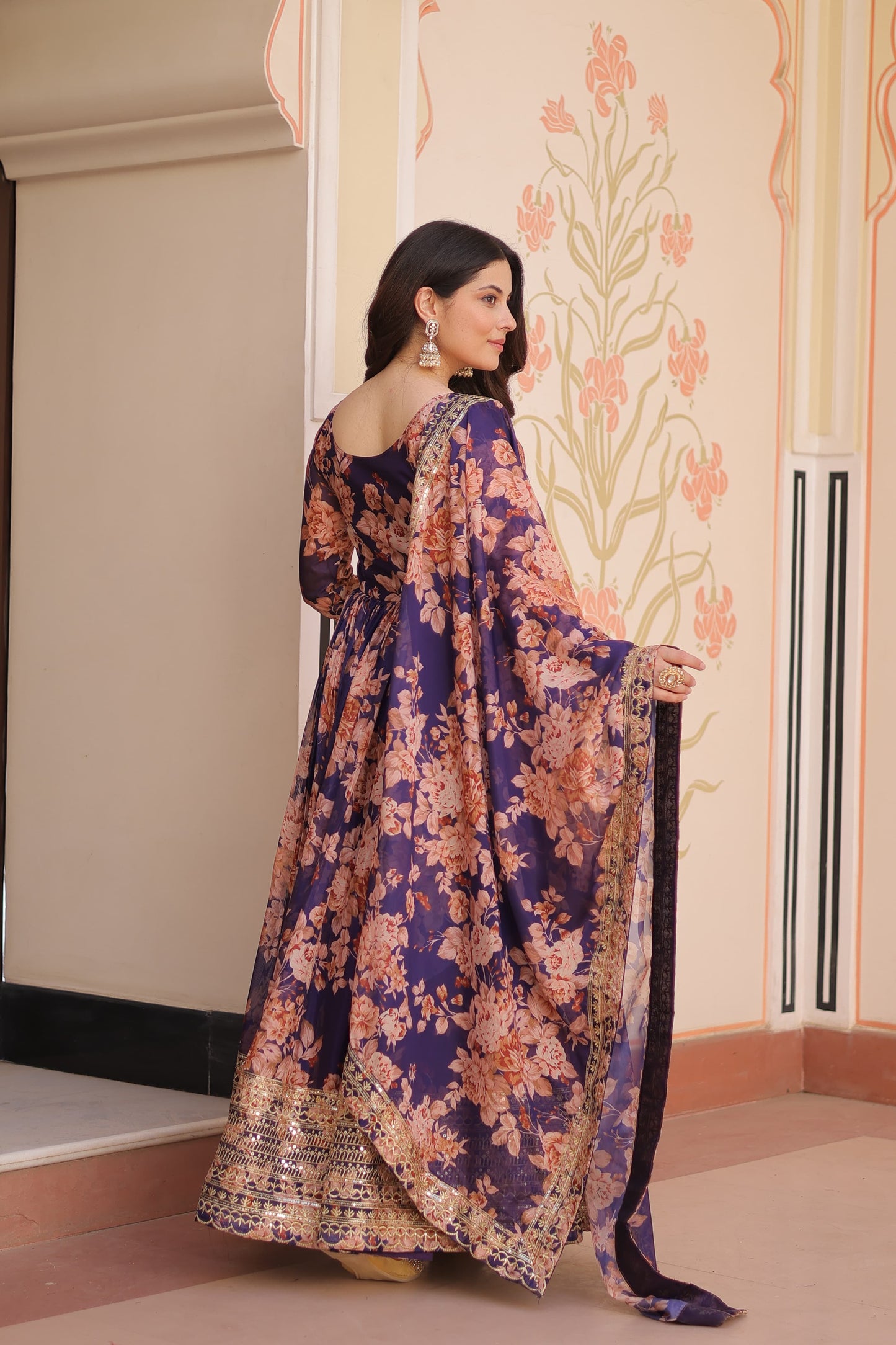 Purple Floral Anarkali with Mirror Work and Zari Border