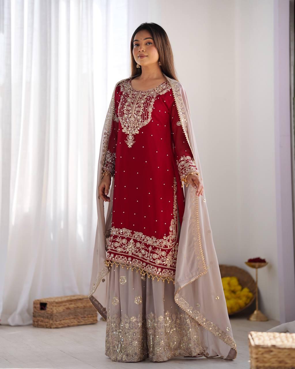 Elegant Red Embroidered Kurta with Net Sharara and Dupatta