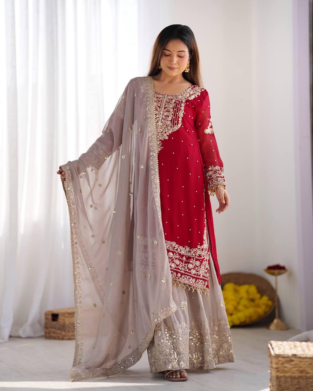 Elegant Red Embroidered Kurta with Net Sharara and Dupatta