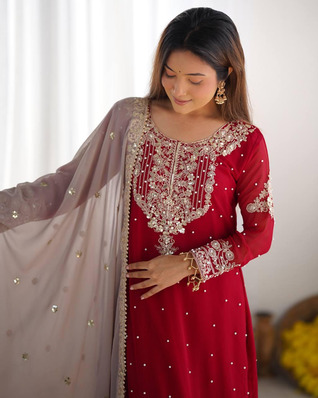 Elegant Red Embroidered Kurta with Net Sharara and Dupatta